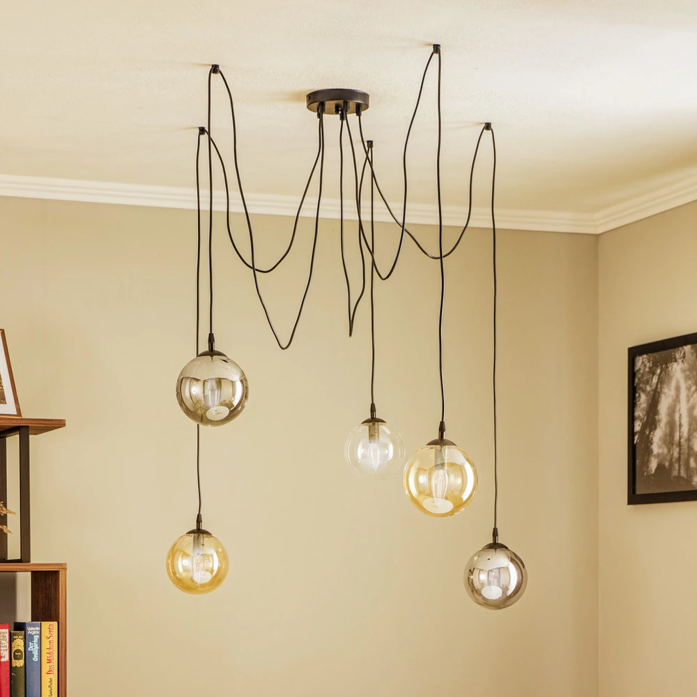 Suspension Glassy, 5 lampes, noir, graphite/ambre/évident, E14 Design minimaliste