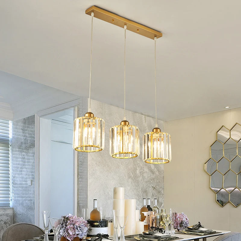 Suspension géométrique en cristal prismatique, éclairage aisé, lampe suspendue à 3 têtes dorées pour salle à manger