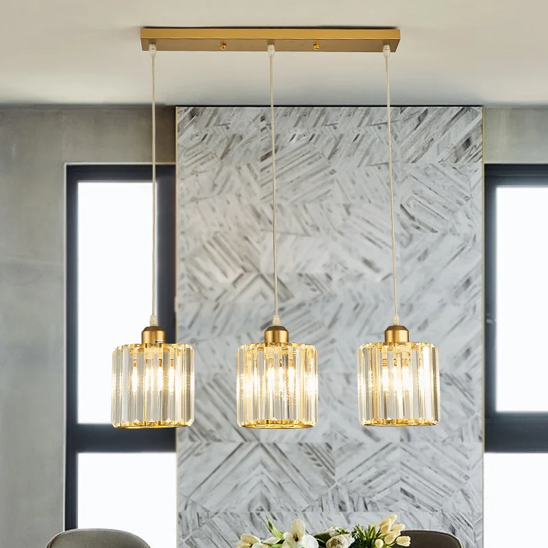 Suspension géométrique en cristal prismatique, éclairage aisé, lampe suspendue à 3 têtes dorées pour salle à manger