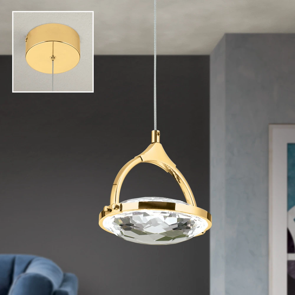 Suspension LED Moon, cristal K9, 1 lampe, dorée avec LED intégrée non remplaçable