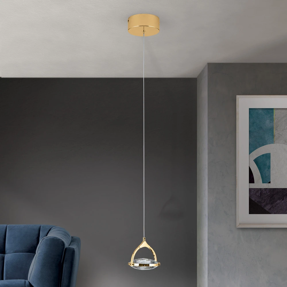 Suspension LED Moon, cristal K9, 1 lampe, dorée avec LED intégrée non remplaçable