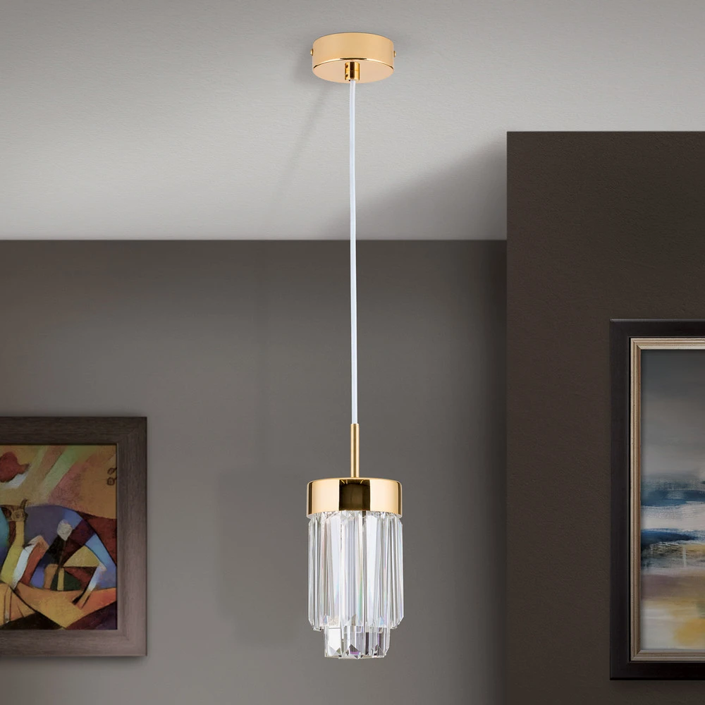 Suspension LED Prism, verre cristal Ø10cm doré - Installation Facile