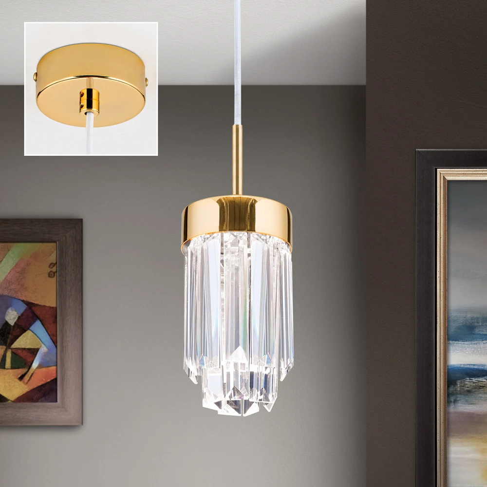 Suspension LED Prism, verre cristal Ø10cm doré - Installation Facile