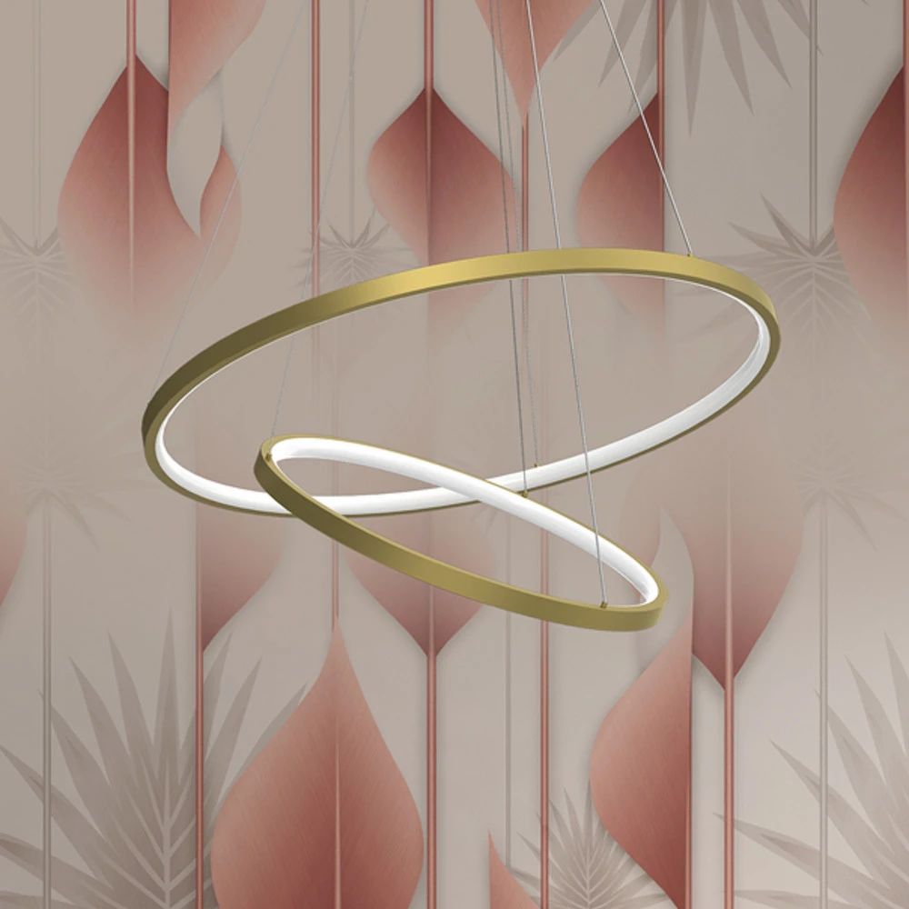 Suspension LED Rotonda, plastique, doré, à 2 lampes, 51 W avec diffuseur opale