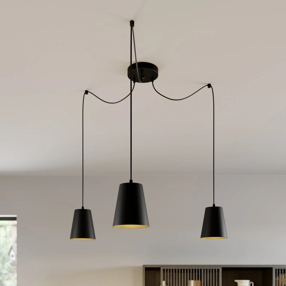 Suspension Link en noir, à 3 lampes avec diffuseur opale