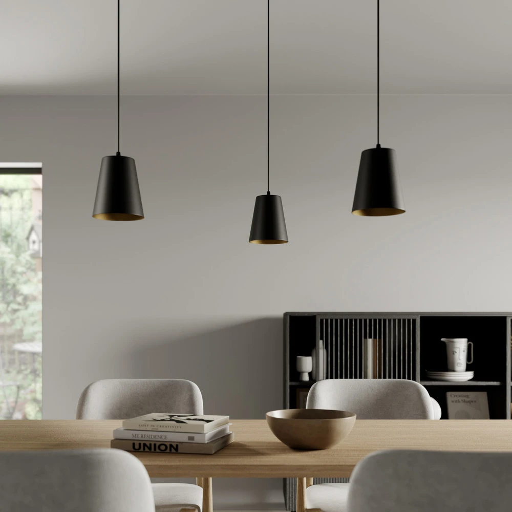 Suspension Link en noir, à 3 lampes avec diffuseur opale