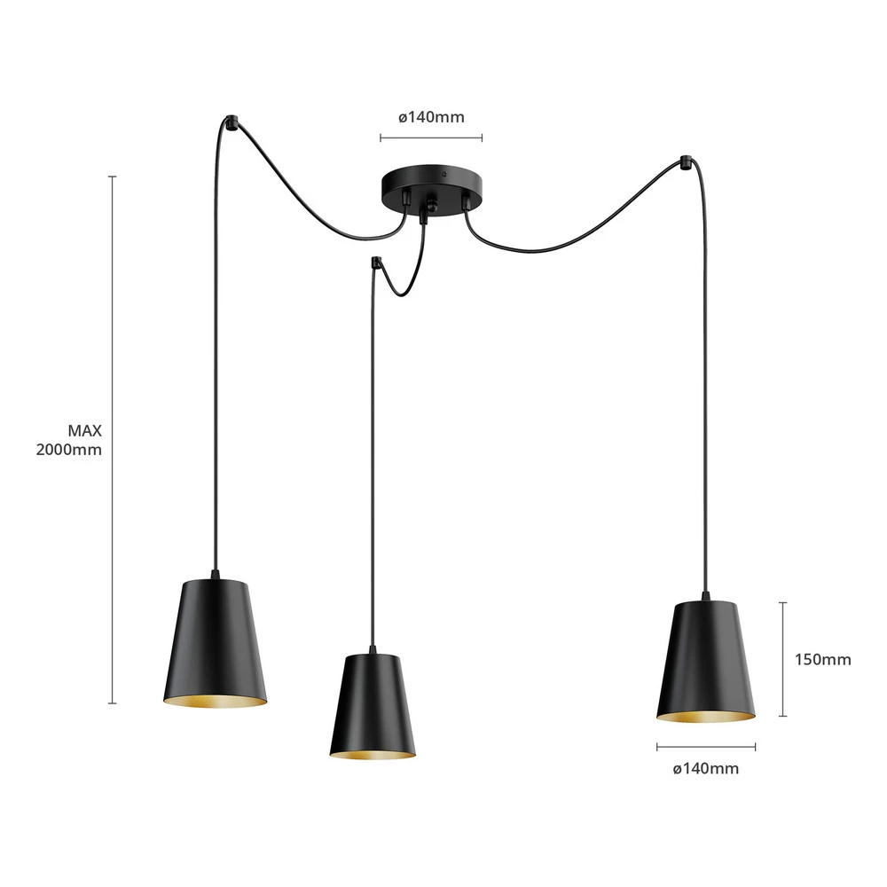 Suspension Link en noir, à 3 lampes avec diffuseur opale