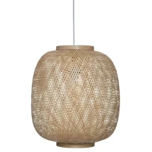 Suspension luminaire en bambou et fer coloris naturel / blanc - diamètre 43 x hauteur 48 cm Sans outil d'installation