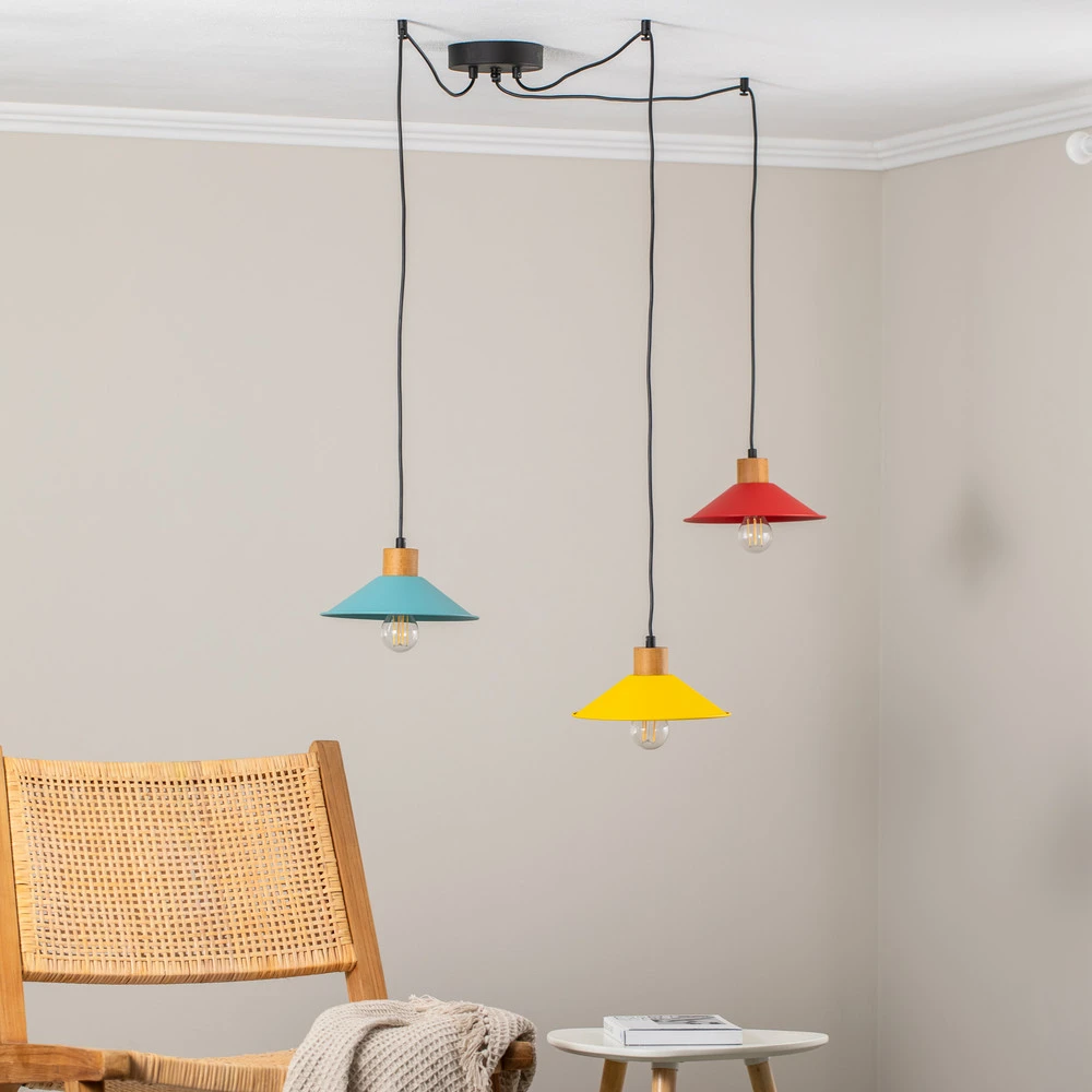 Suspension Manavgat N-553 à 3 lampes jaune/bleu/rouge à fixation clip