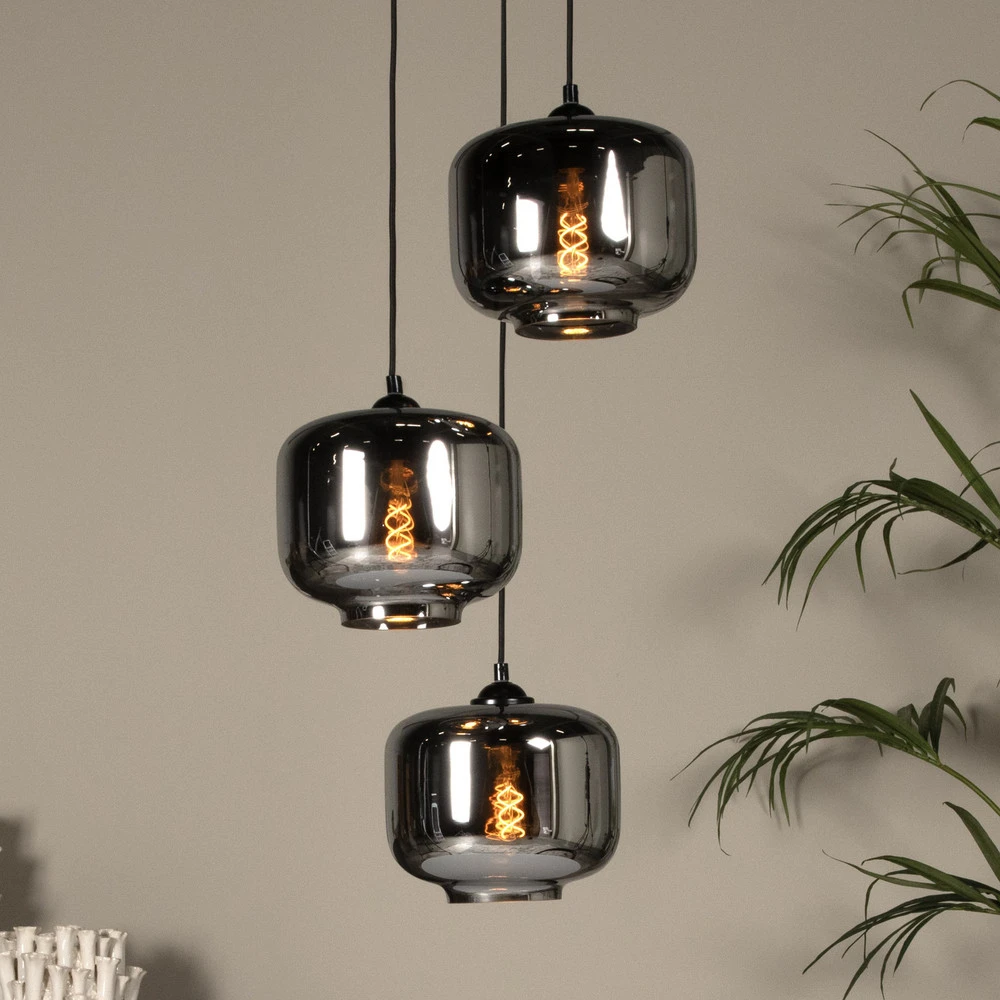 Suspension Medine, gris fumé, Ø 46 cm, verre, à 3 lampes IP44 pour salle de bain