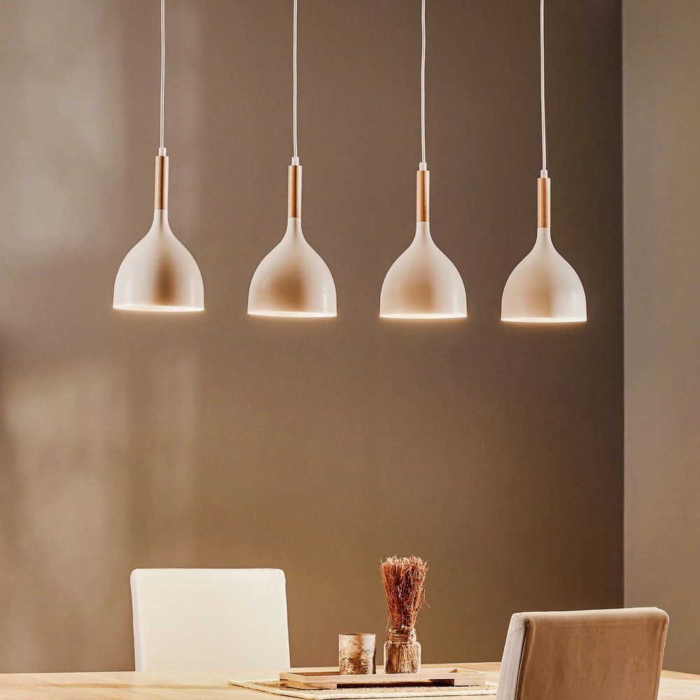 Suspension Noak, blanc/bois naturel, 4 lampes allongé