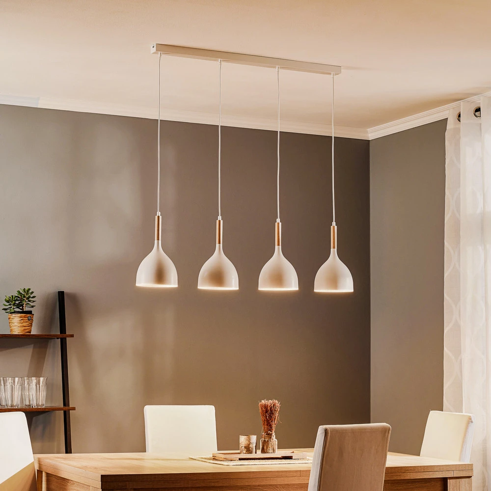 Suspension Noak, blanc/bois naturel, 4 lampes allongé