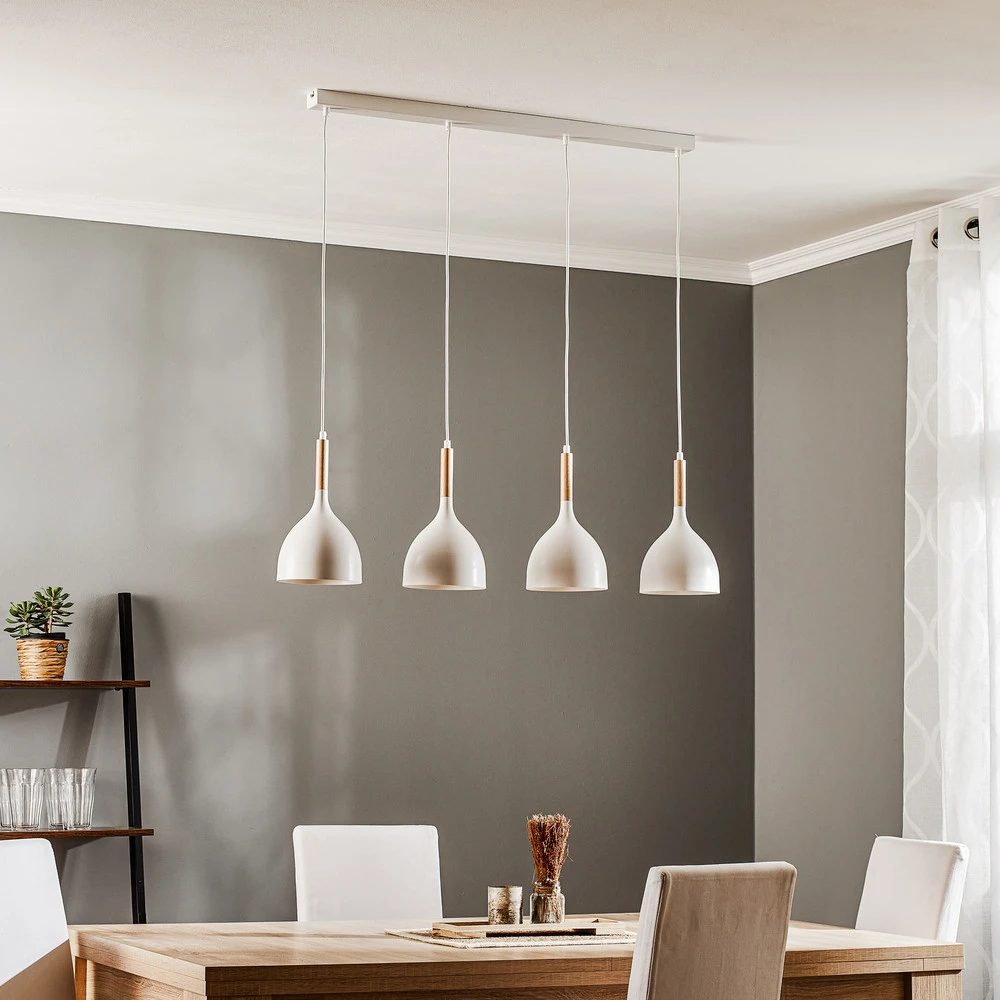 Suspension Noak, blanc/bois naturel, 4 lampes allongé