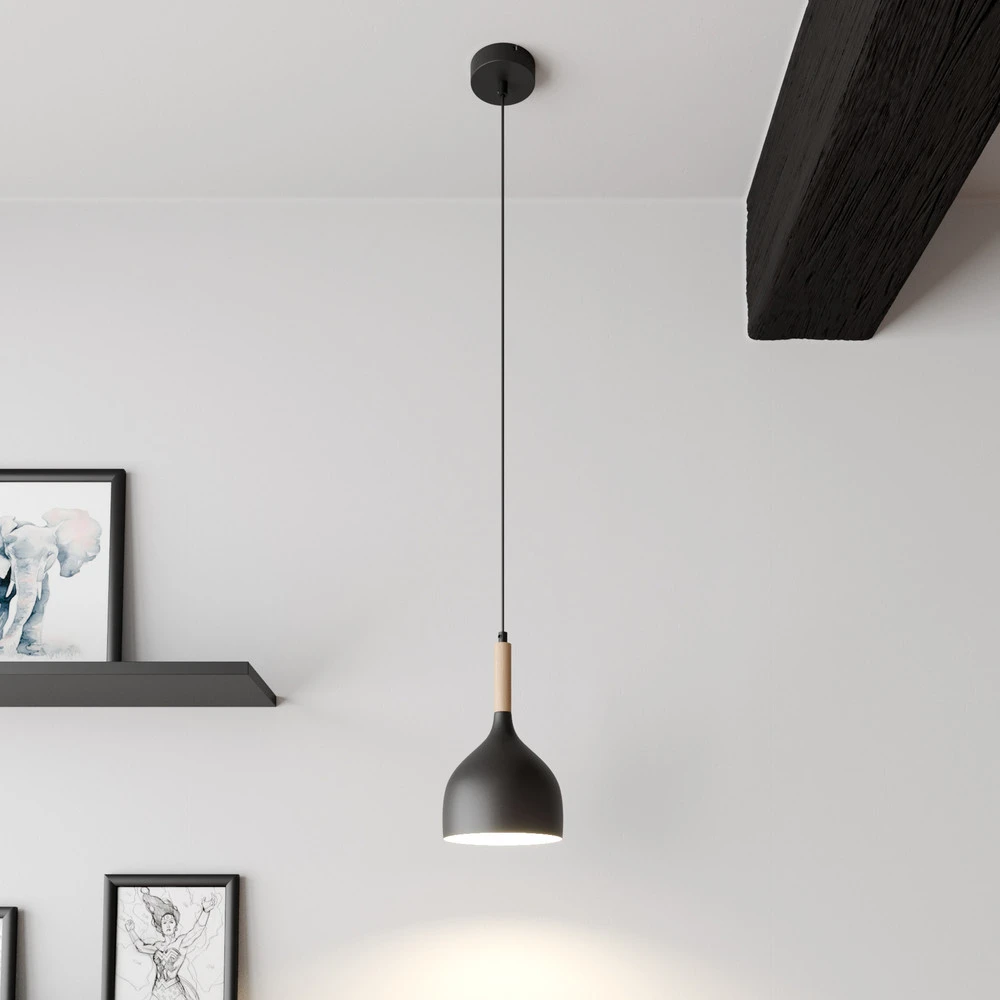 Suspension Noak, noir/bois naturel, Ø 17 cm pour plafonds suspendus