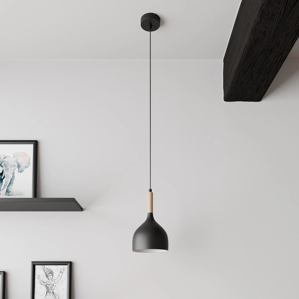 Suspension Noak, noir/bois naturel, Ø 17 cm pour plafonds suspendus