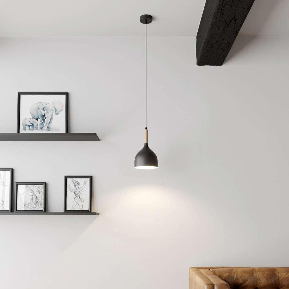 Suspension Noak, noir/bois naturel, Ø 17 cm pour plafonds suspendus