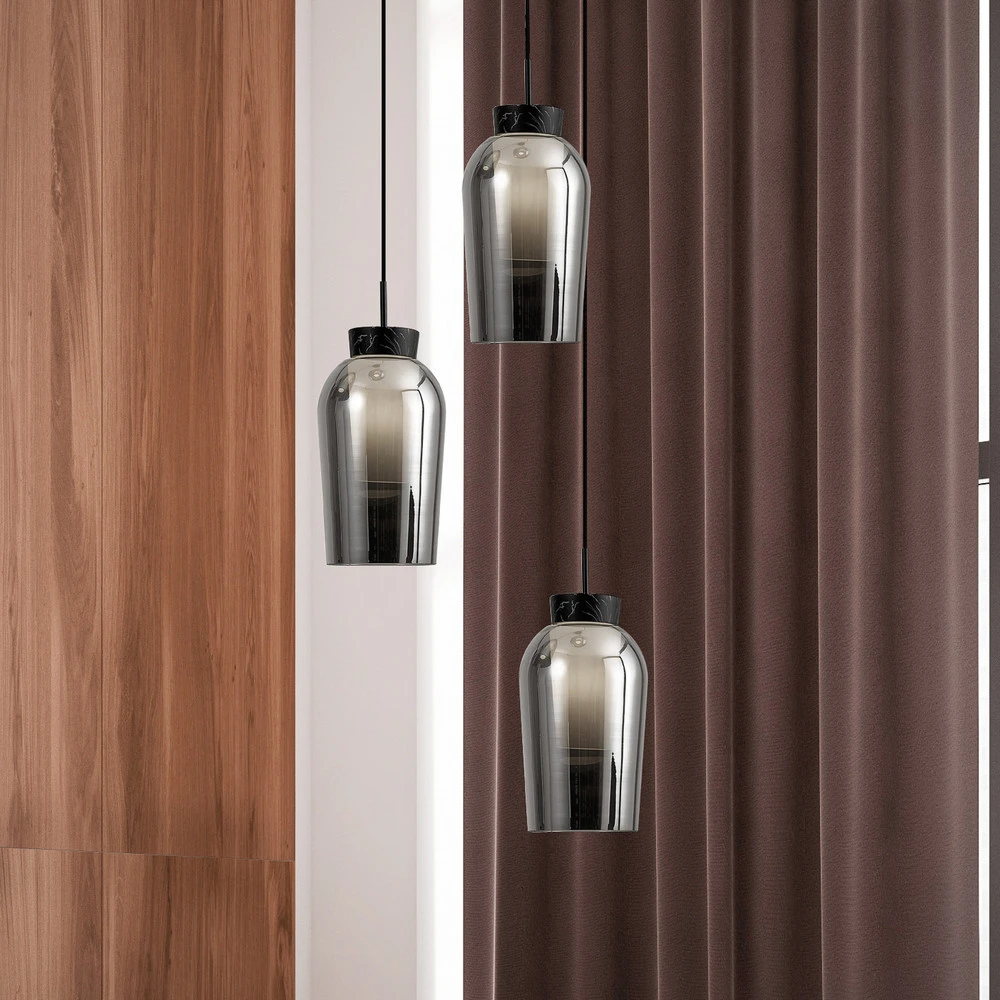 Suspension Nora, noir, acier chromé, à 3 lampes, rond, verre