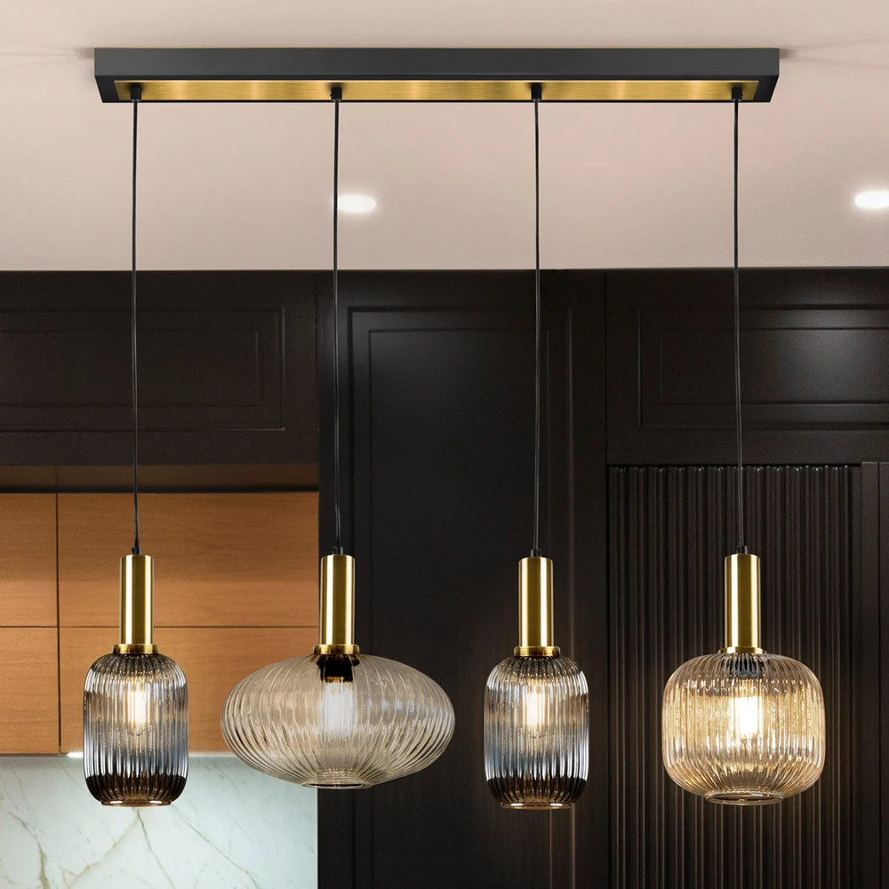 Suspension Norma, 4 lampes, poutre, verre, noir/laiton IP44 pour salle de bain