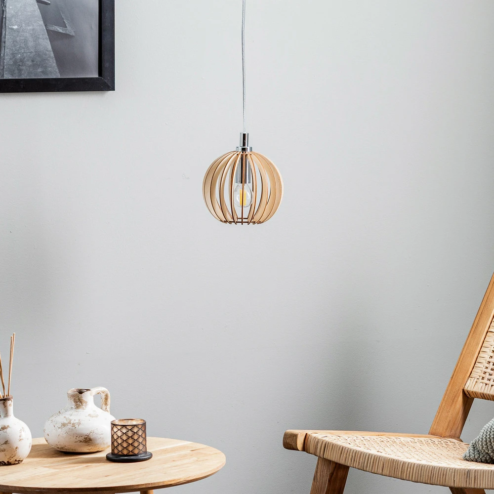 Suspension Paz chromée, lamelles bois, Ø 17 cm avec LED intégrée non remplaçable