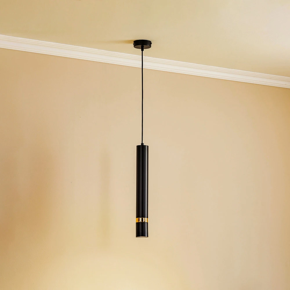 Suspension Rondo noire/dorée, à une lampe pour plafonds suspendus