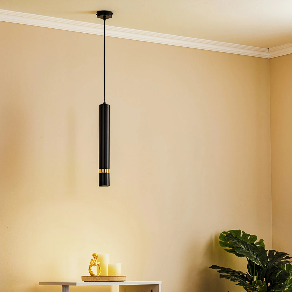 Suspension Rondo noire/dorée, à une lampe pour plafonds suspendus
