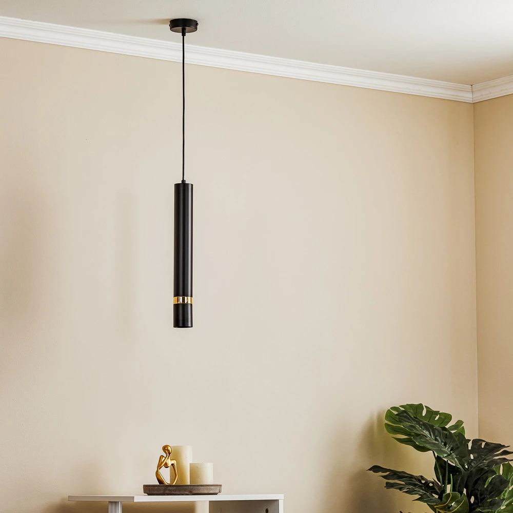 Suspension Rondo noire/dorée, à une lampe pour plafonds suspendus
