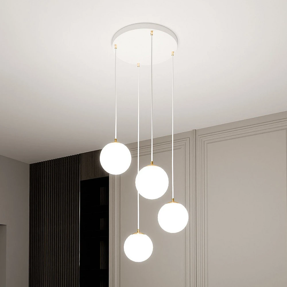 Suspension Royal, 4 lampes, blanc opalin/blanc, verre, E14 pour plafonds suspendus
