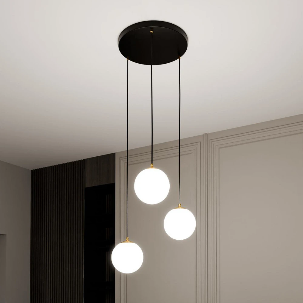 Suspension Royal, 3 lampes, blanc opalin/noir, verre, E14 | Garantie 2 Ans