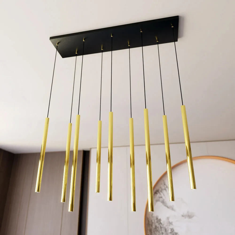 Suspension Selter, doré, à 9 lampes, métal avec LED intégrée non remplaçable