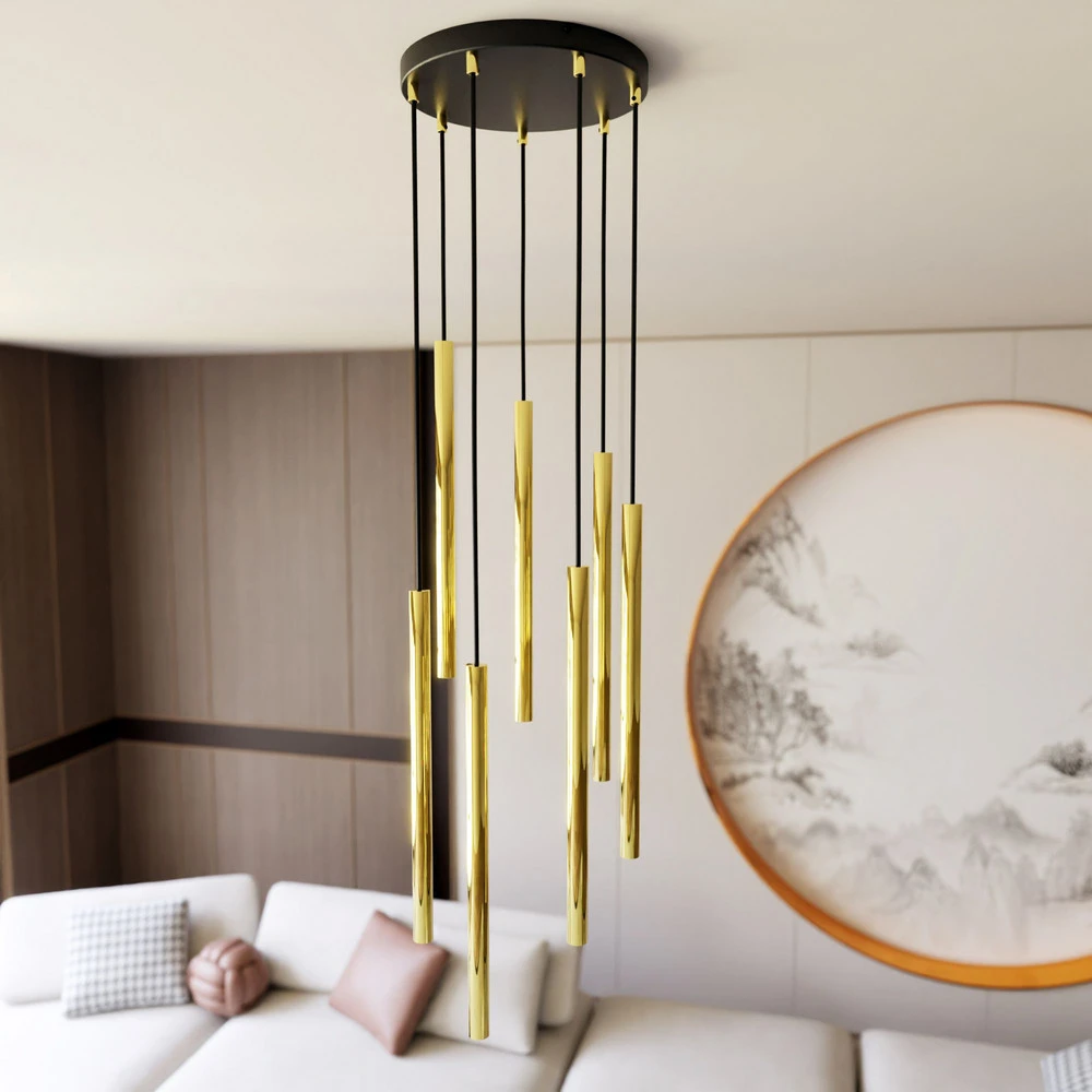 Suspension Selter Sélect, doré, à 7 lampes, métal