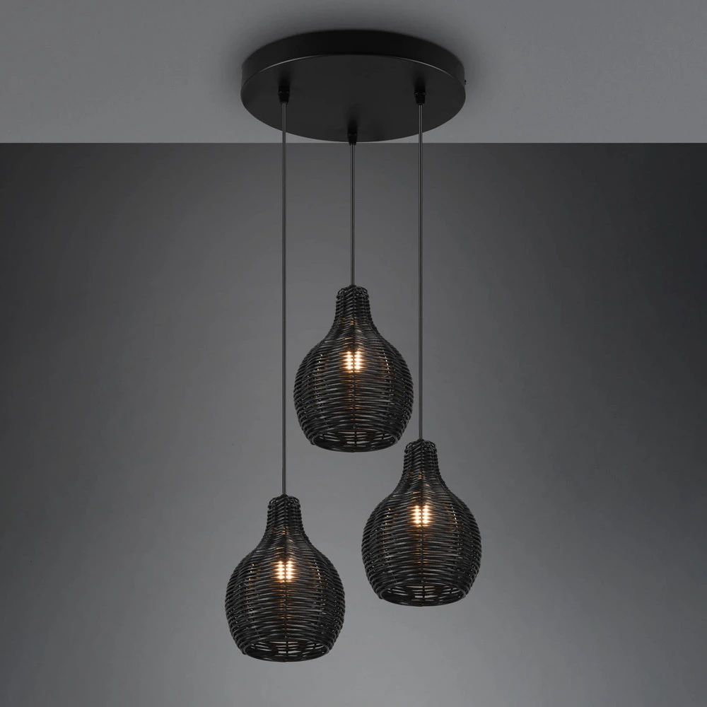 Suspension Sprout en rotin, à 3 lampes, noire pour entrée et couloir