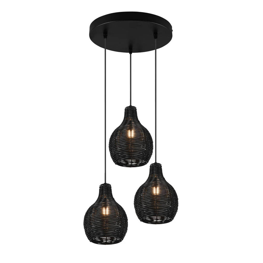 Suspension Sprout en rotin, à 3 lampes, noire pour entrée et couloir