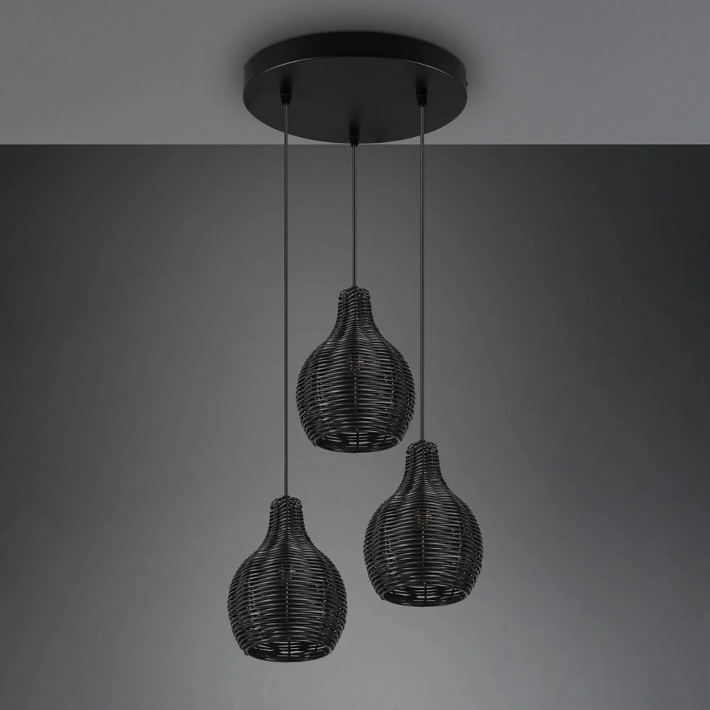 Suspension Sprout en rotin, à 3 lampes, noire pour entrée et couloir