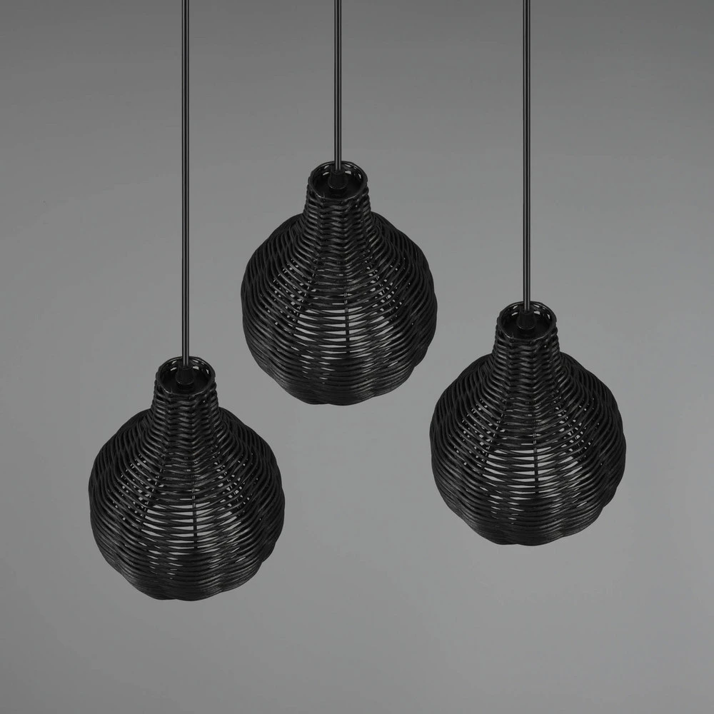 Suspension Sprout en rotin, à 3 lampes, noire pour entrée et couloir