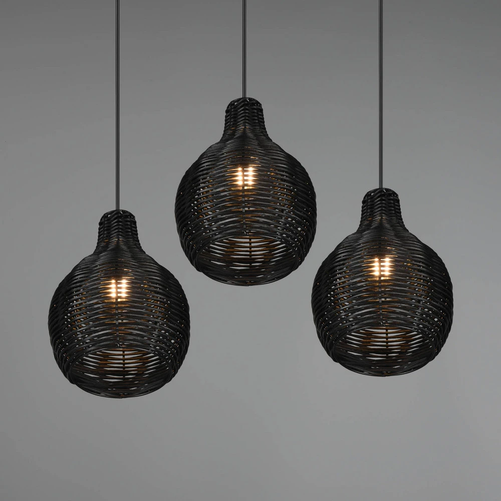 Suspension Sprout en rotin, à 3 lampes, noire pour entrée et couloir