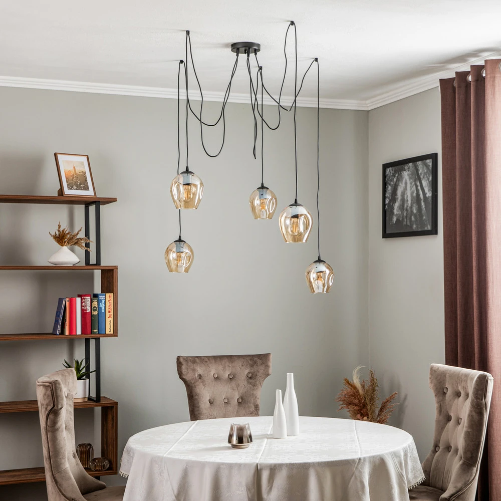 Suspension Starla décentrée 5 lampes ambrée IP44 pour salle de bain