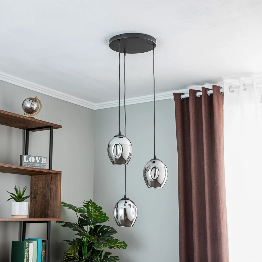 Suspension Starla, verre graphite, 3 lampes rondes avec diffuseur opale