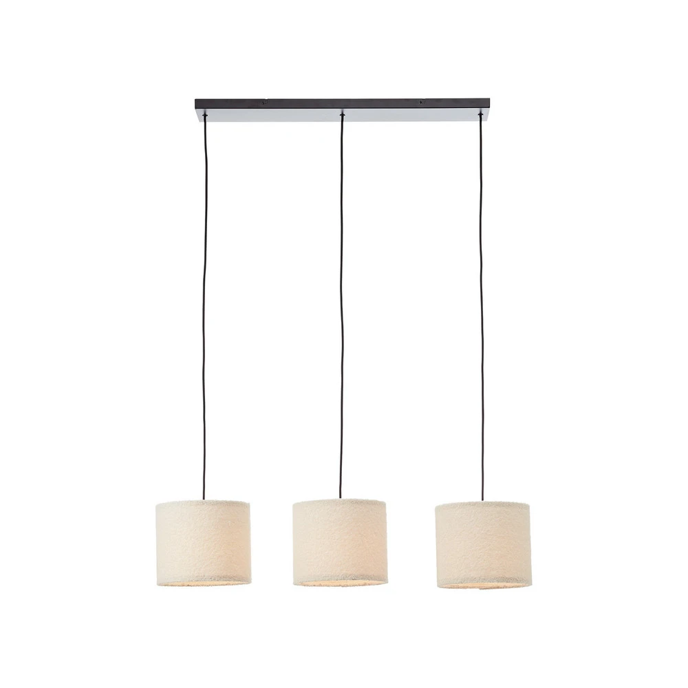 Suspension Teddy, longueur 98 cm, crème, 3 lampes, tissu/métal à fixation clip