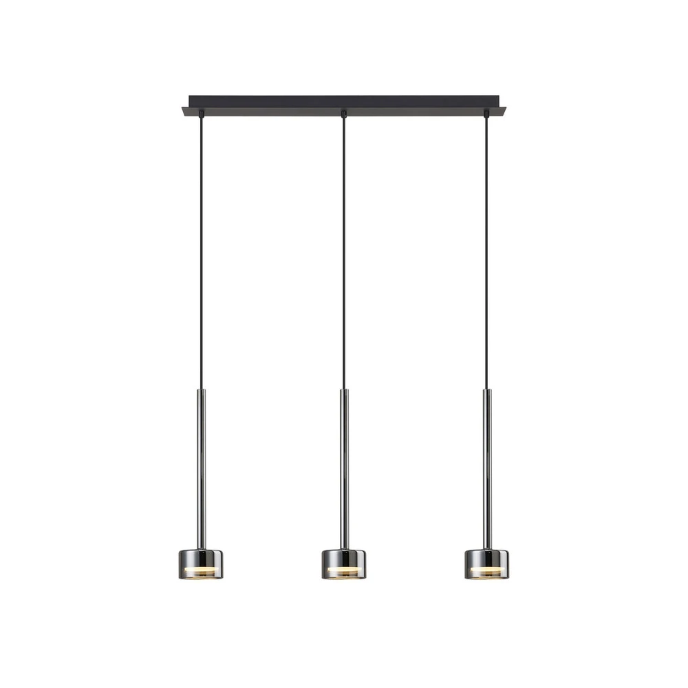 Suspension Tonic, noir/chrome, poutre, 3 lampes, métal, verre avec diffuseur opale