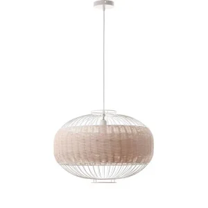 Suspension VALENTINA BLANC PUR en métal filaire et rotin avec monture électrique E27 55 cm diamètre