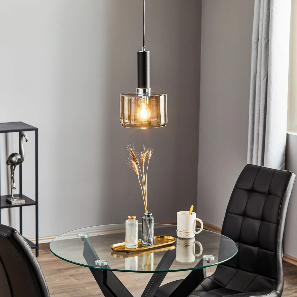 Suspension Viva, fumée/noire/chromée, à 1 lampe avec diffuseur opale