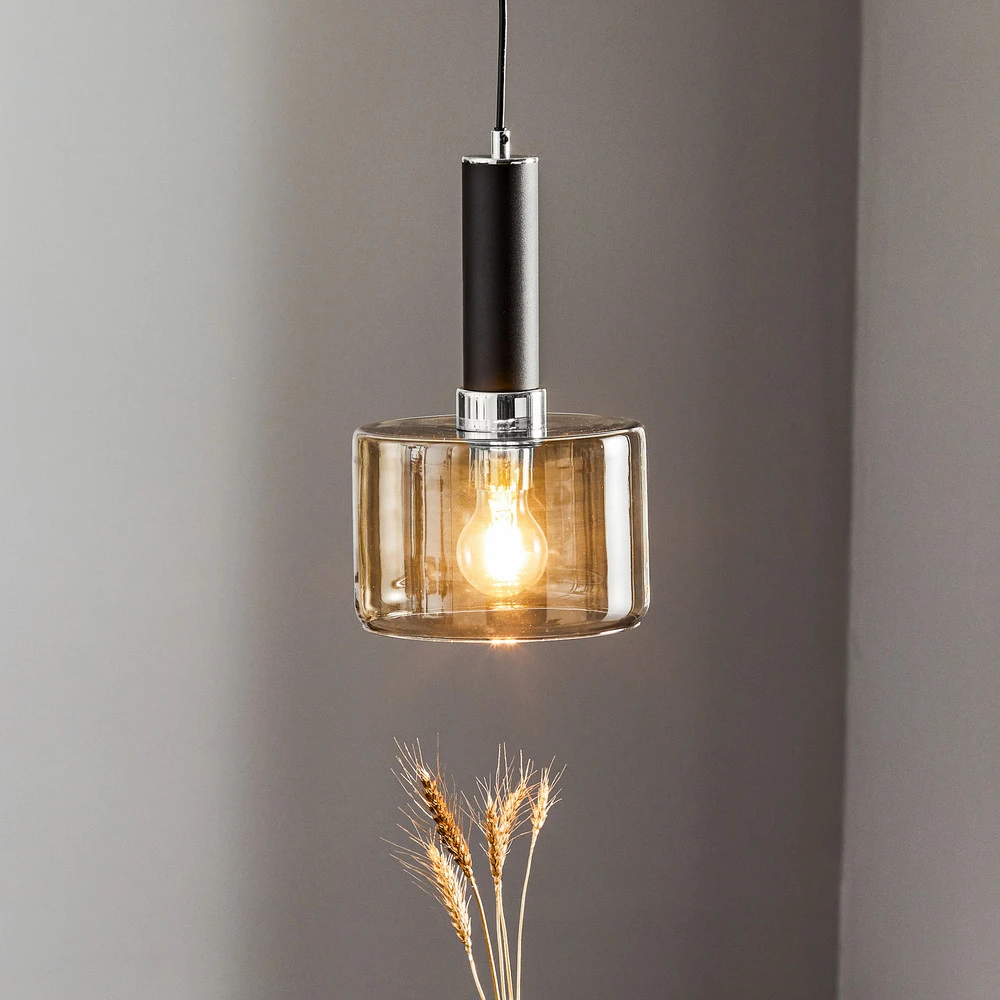 Suspension Viva, fumée/noire/chromée, à 1 lampe avec diffuseur opale
