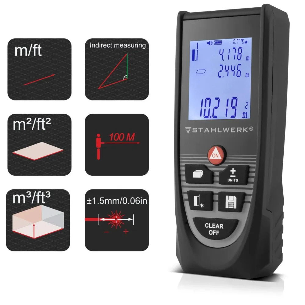 Haute Précision Télémètre laser STAHLWERK LE-100 ST jusqu'à 100 m de distance avec écran numérique LCD éclairé, appareil d...