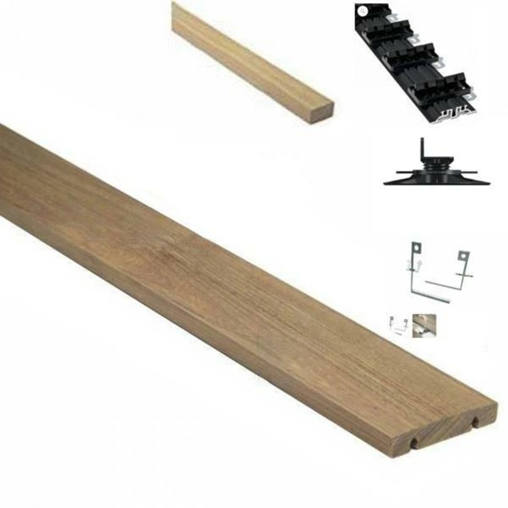 Pack complet 25m² lame de terrasse ipe grad clips lx1200mm avec lambourde, flat rail, plot vinyle et clé de démontage