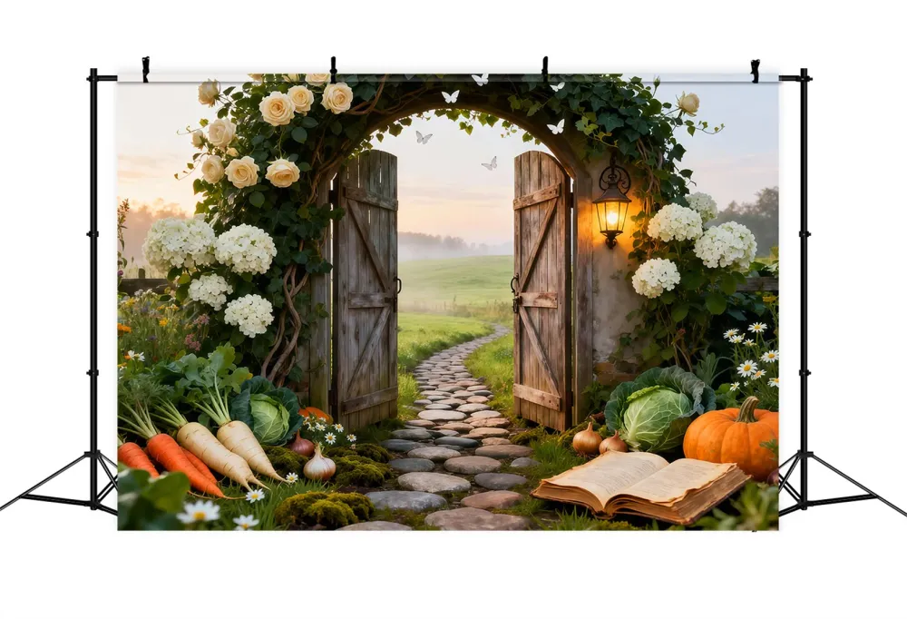 Toile de fond Photo Printemps Portail Rigide Rustique Prairie Lever Du Soleil LXX61-164