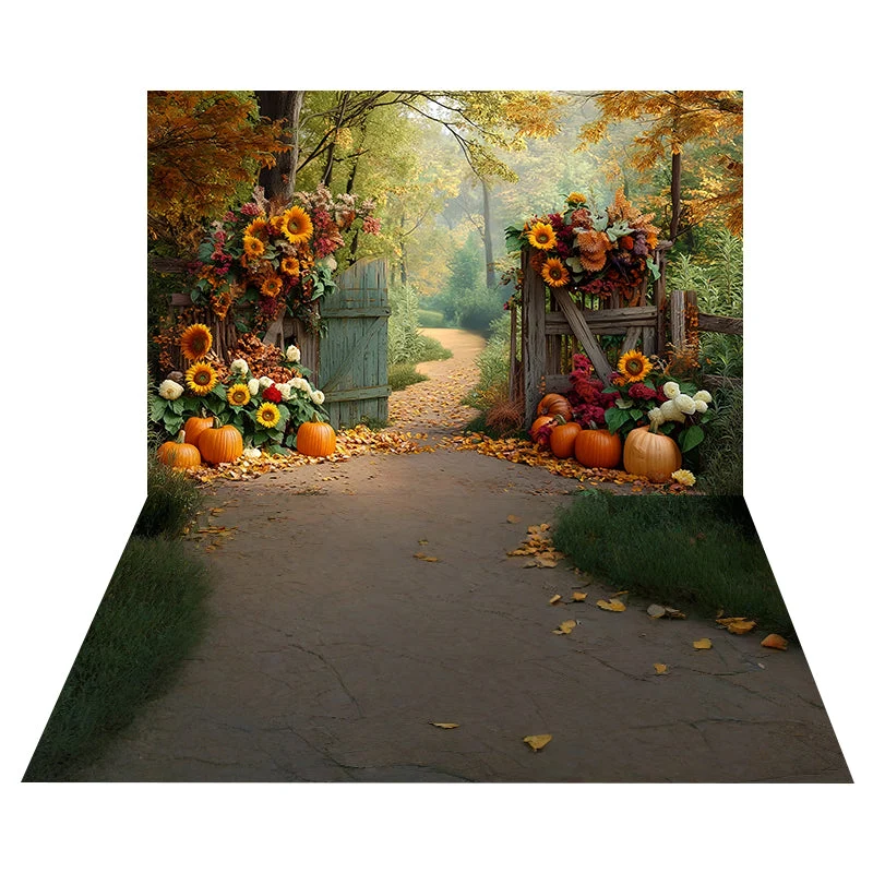 Toile de fond Portail Rustique Tournesols + Sol Sentier Feuilles Automne MRR8-180