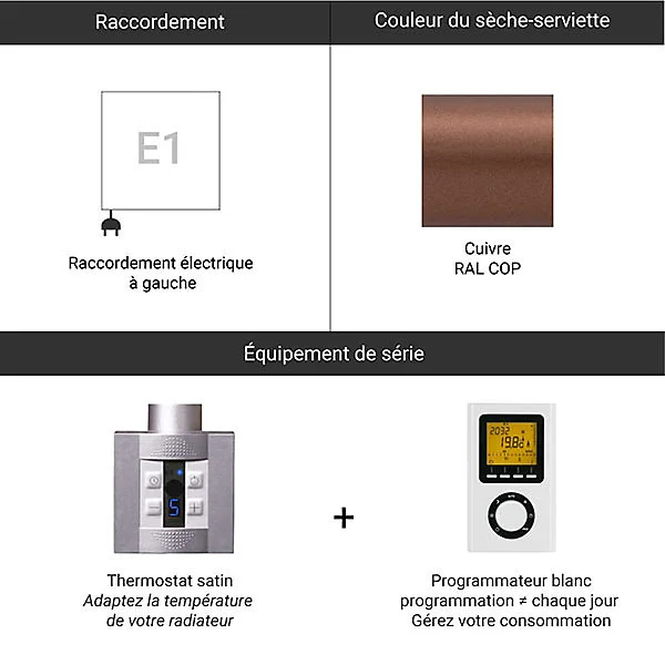 Sèche-serviette électrique configurable cuivré - HxL 910x400mm - 300 Watt - VIV910/400E1COPP