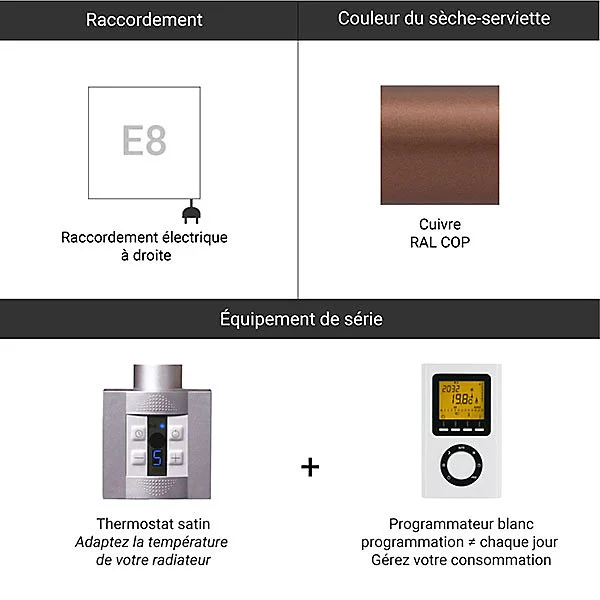 Sèche-serviette électrique configurable cuivré - HxL 910x600mm - 400 Watt - VIV910/600E8COPP
