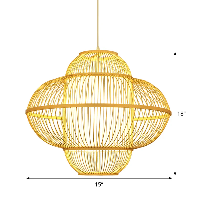 Lampe à suspension lanterne en bambou chinois, plafonnier suspendu beige à 1 tête, 18"/23,5" de généreux