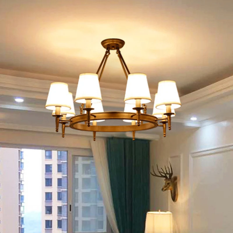 Lustre annulaire minimaliste, éclairage métallique à 8 têtes, suspension de salon avec abat-jour en tissu conique - Compat...